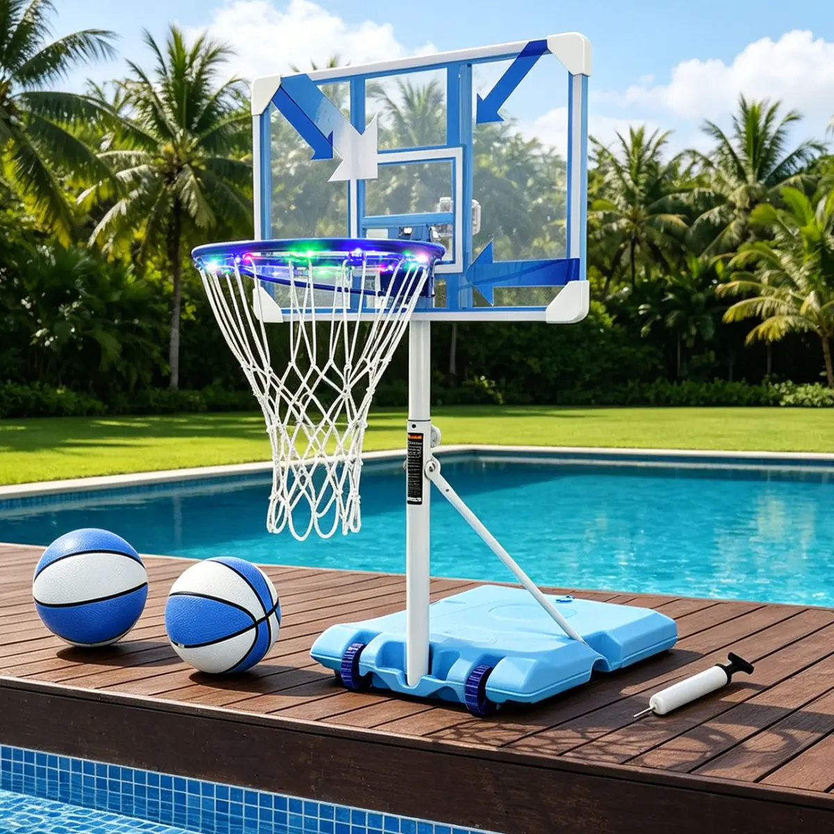 Pool Basketball Hoop Poolside,Portable Height Adjustable 57"to 70"Basketball Goal with Wheels & Rust-Proof Coating LED Lighted Rim,2 Basketballs and Pump,Great for Pool,Garage,Indoor & Outdoor Court B