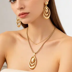 Niche Geometric Teardrop & Circle Pendant Necklace and Versatile Earrings Jewelry Set