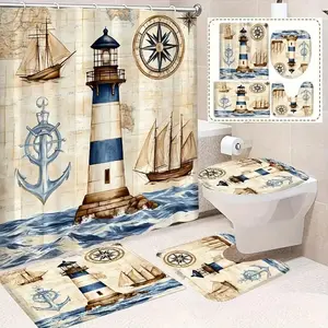 4 pcs ocean lighthouse, anchor, sailboat pattern design, exquisite Decorative shower curtain set, non-slip floor mat, U-shaped carpet, toilet lid cover, perfect for bathroom decoration, partition, beautify space, 12 shower curtain hooks are given