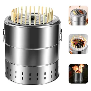 Portable Smokeless Charcoal Barrel Grill, Outdoor Stainless Steel Surround BBQ Skewer Grill With 28 Skewers, Cooking Grid & Drip Pan, 13.4/15.4-inch Diameter, Ideal For Party, Picnic, Camping，smokeless fire pit