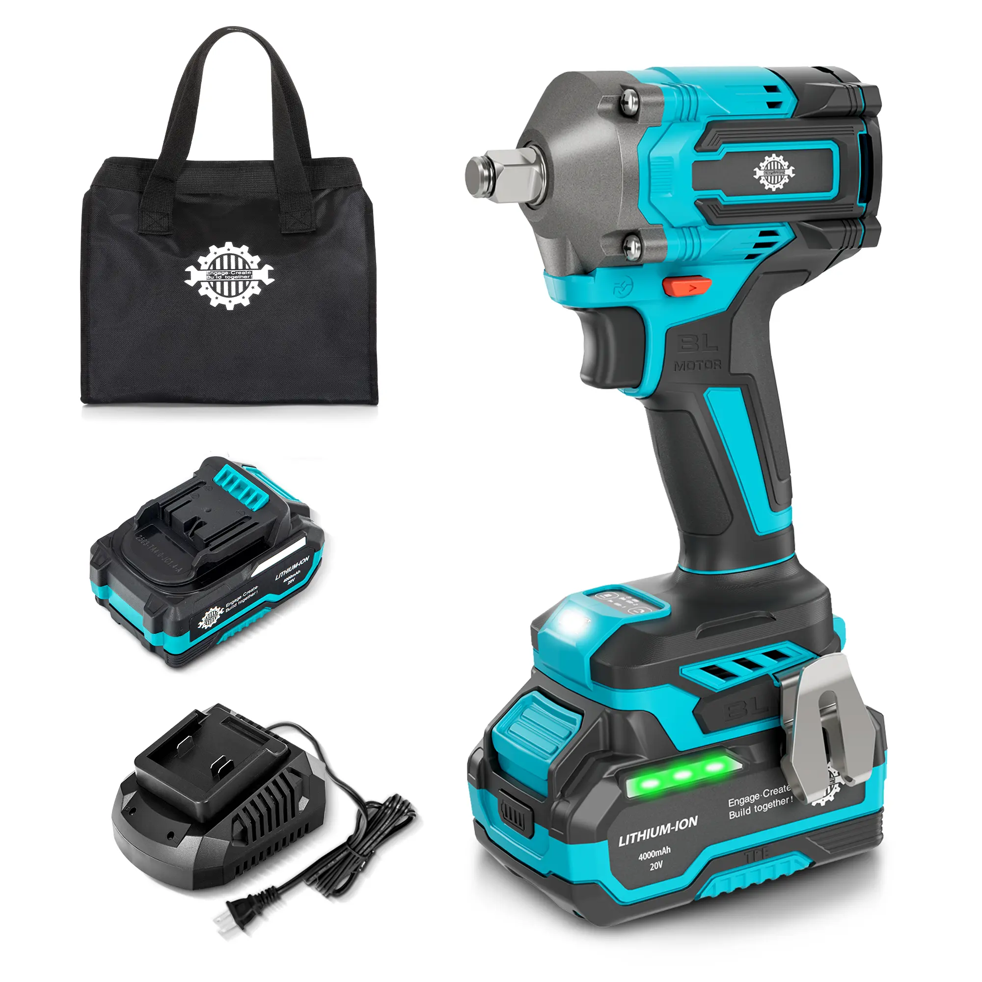 PHI VILLA Cordless Impact Wrench 1/2" Brushless Click High Torque Heavy Duty Impact Wrench with 20V 4Ah Battery, Fast Charger, Carrying Case, and Metal Belt Clip