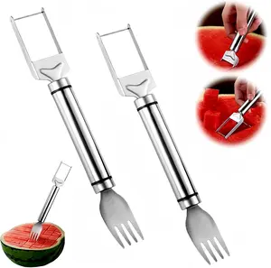 Watermelon Fork Slicer Cutter Slicer Tool, 2-in-1 Stainless Steel Fruit Cutter, Dual Head Fruit Forks Slicer Knife with Round Handle