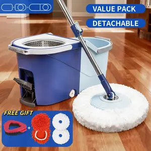 Microfiber Spin Mop and Bucket Set Spin Mop Bucket System With Microfiber Mop Replacement Heads Adjustable Handle And 1 Brush Head for Floor Cleaning