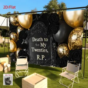 1pc Vintage-Style "Death to My Twenties, R.P." 2D Flat Party Banner - Black & Golden Balloon & Rose Printed Polyester Backdrop, Power-Free Party Decoration Supplies for Birthdays, Office Decor,summerwins