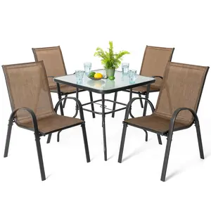5 Piece Outdoor Dining Set, 4 All Weather Outdoor Textilene Patio Chairs and  Square Tempered Glass Dining Table with Umbrella Hole