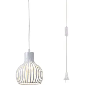 Industrial Plug in Pendant Lighting Metal Wire Cage Hanging Light Fixture with 14.27 Ft Hanging Cord and On/Off Switch (White)