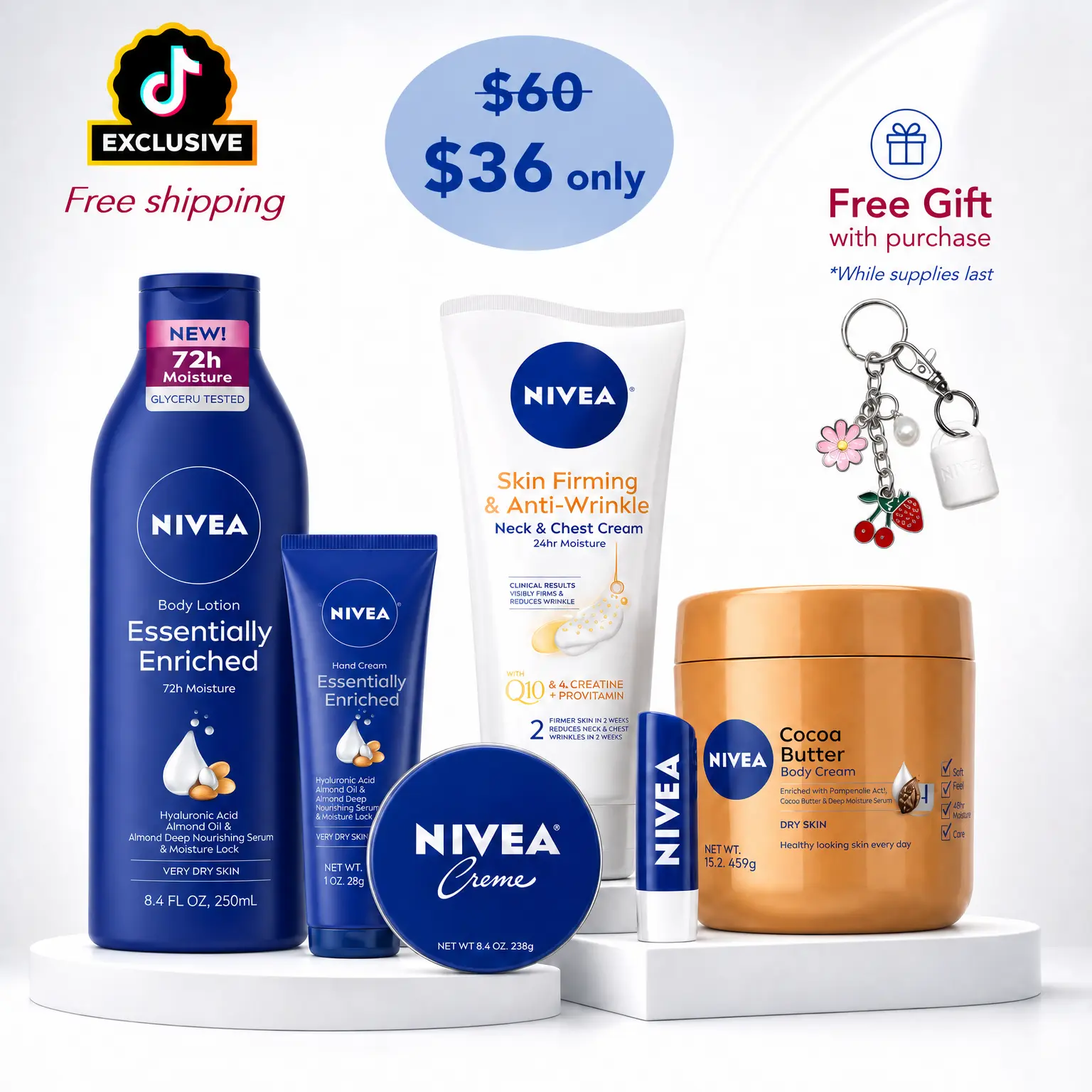 NIVEA 7-Item Complete Skincare Bundle — Moisture & Firming Essentials Plus 2 FREE Gifts | Body Lotion, Hand Cream, Cocoa Butter, Lip Balm, Multi-Purpose Creme, Q10 Neck Cream & Lip Keychain