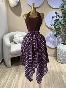 PULKRITU Elegant Women's Halter Top and Asymmetrical Plaid Ruffle Pleated Skirt Two-Piece Set, High Waist Unmatched Matching, Casual Beach Resort Birthday, Vacation Street Lady Two-Piece Set,Female Fashion 2 Piece Co-ord Set