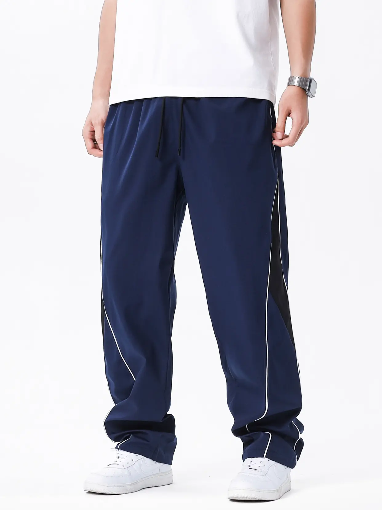 Men's Side Stripe Drawstring Waist Straight Leg Athletic Pants, Casual Pocket Letter Patched Trousers for  Loose Menswear, Drippy Outfits