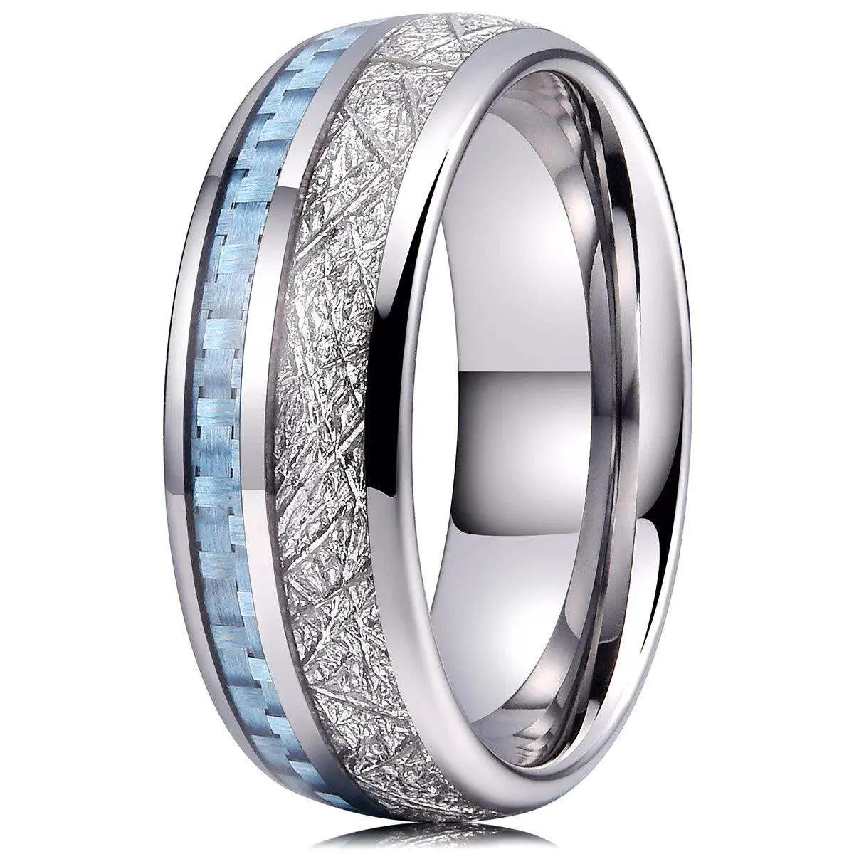 Silver & Blue Meteorite Tungsten Carbide Ring Silver & Blue Meteorite Tungsten Carbide Ring