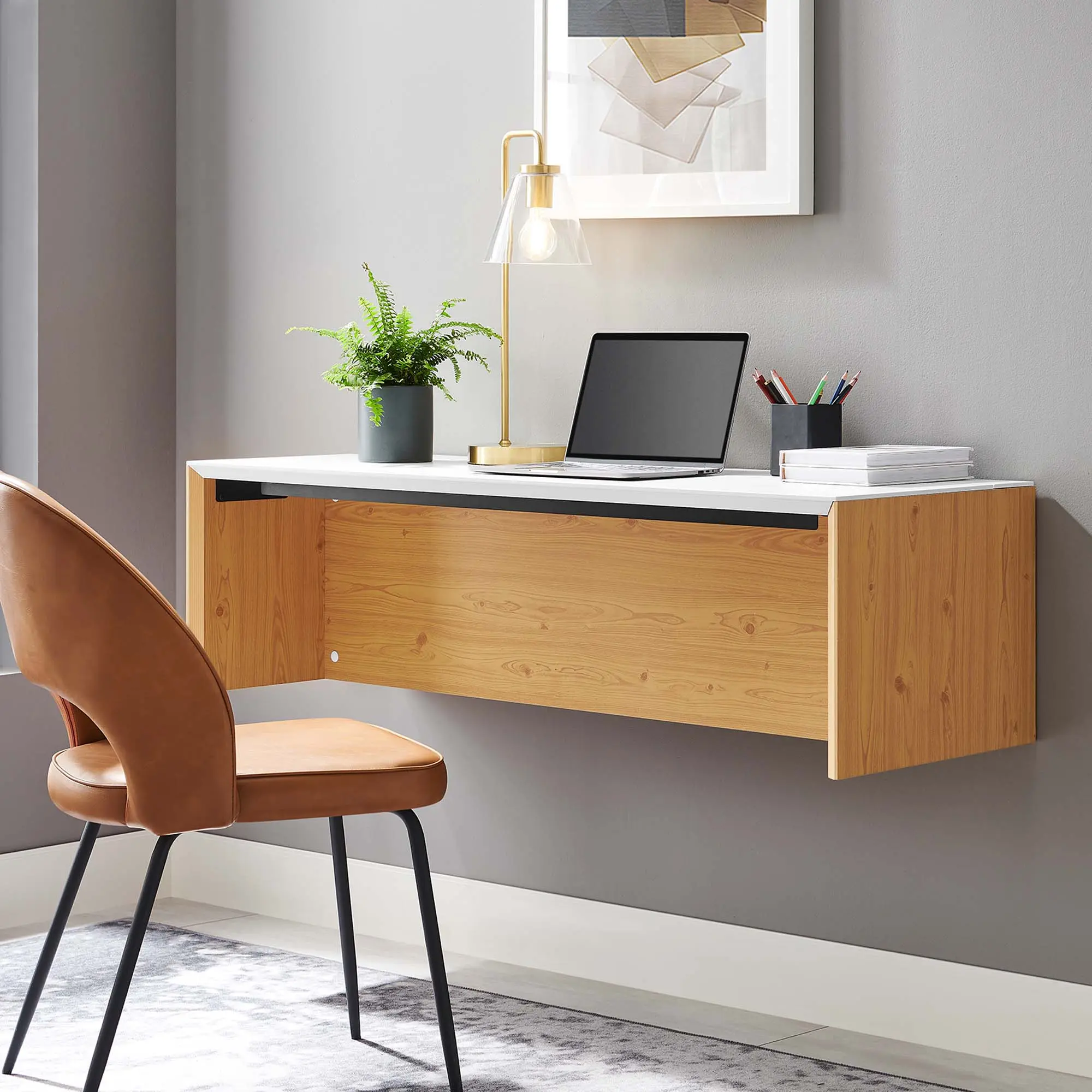 Modway Kinetic 49" Wall-Mount Office Desk - White Natural, Organic Wood Grain Design, College Dorm Compatible, 130 lbs Weight Capacity, Assembly Required, Cable Management Compartment