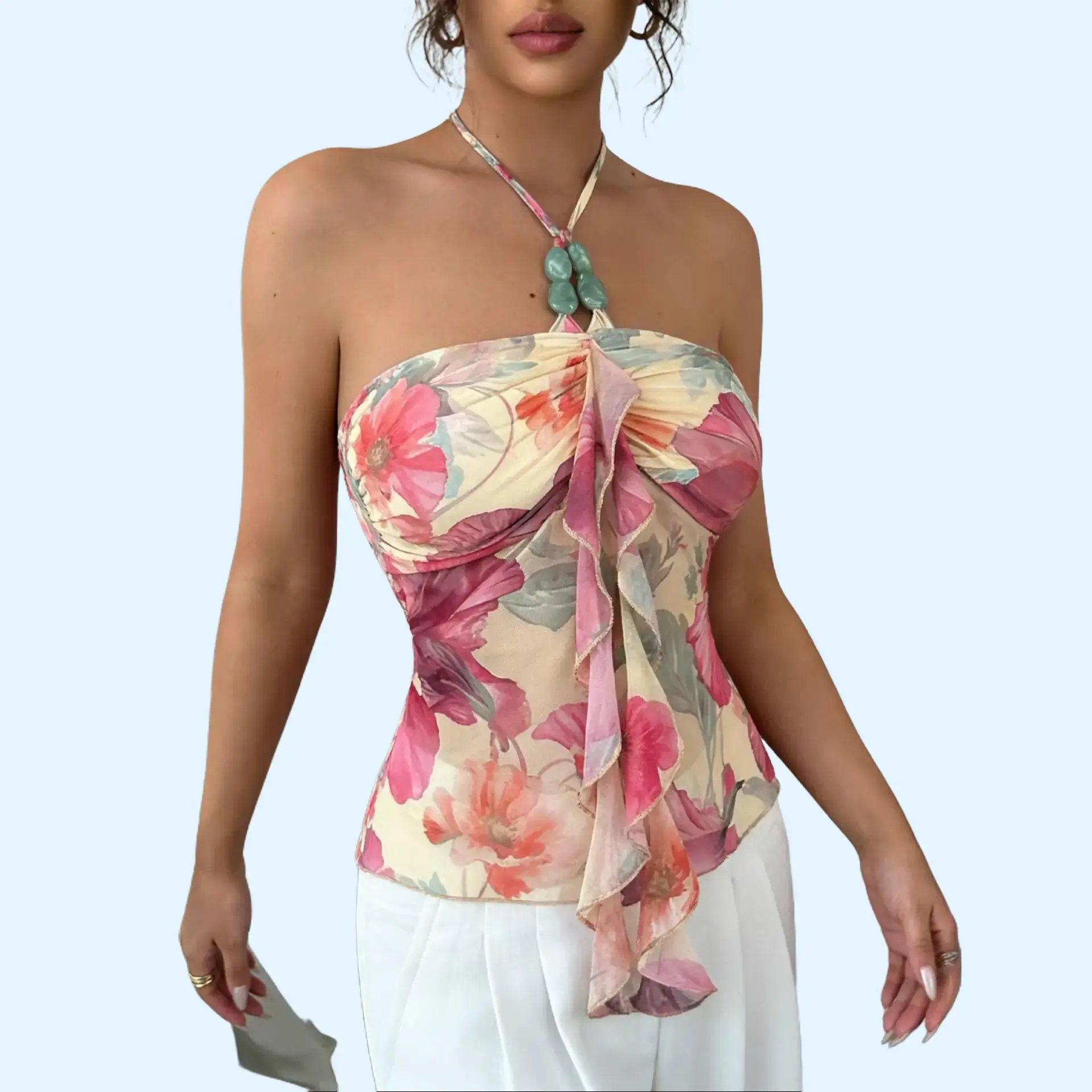 Women's Beaded Halter Mesh Bandeau Top - Sleeveless, Slim-Fit, Lightweight, Elegant Casual Dressy Vacation Blouse, Comfortable, Piece, Style, Halter Neck, Plants, Holiday, Slim-Fitting, Tops Tank, Normal Type, Clothes, Pullover Cut, Plus Size