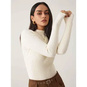 Cider [9 colors, size 0-26] Rib Knit Stand Neck Solid Long Sleeve Top