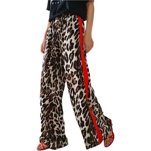 Women'sLeopardPrintWideLegPantsCheetahDrawstringWaistColorBlockLongTrousers