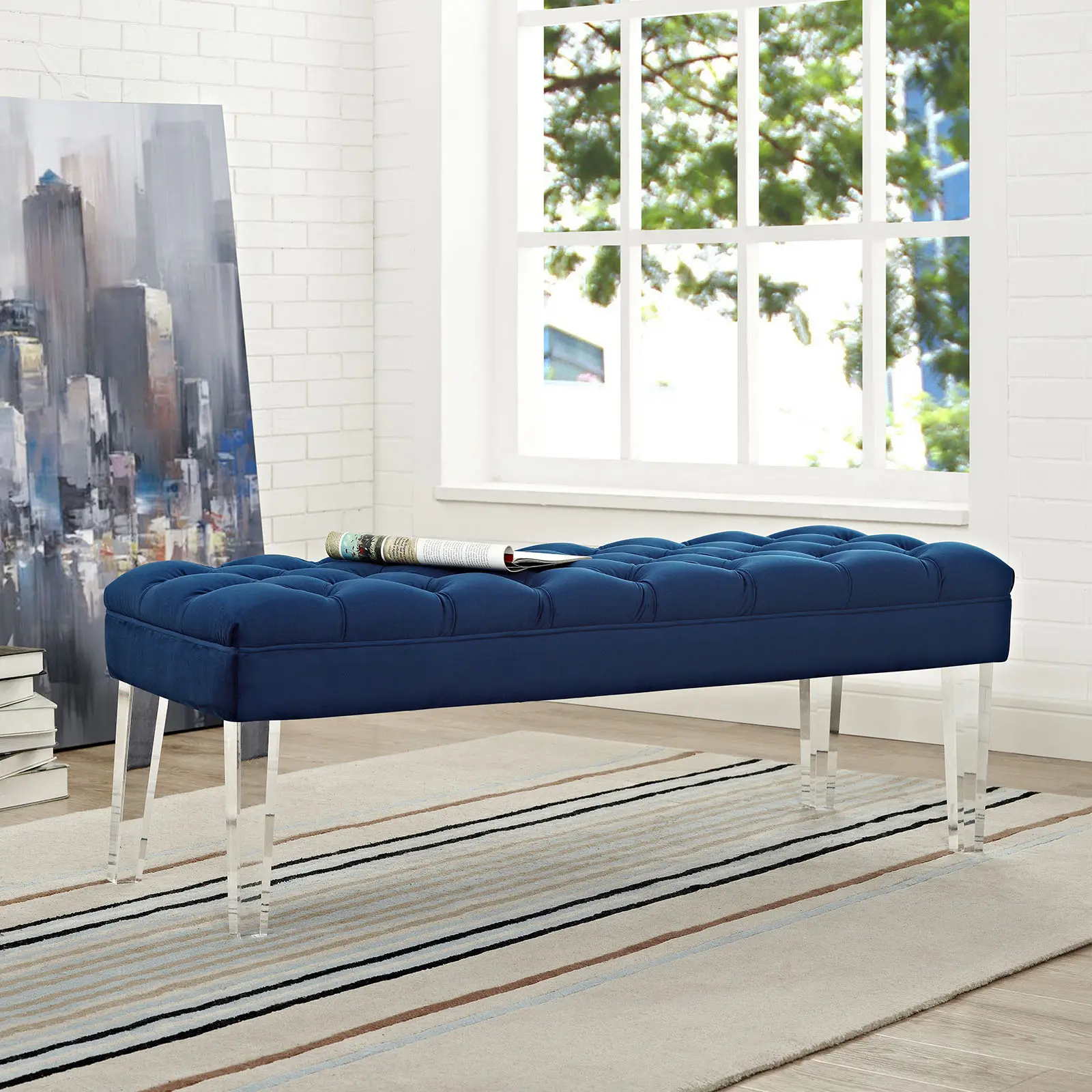 Modway Valet Performance Velvet Bench, Navy Living Room Indoor Furniture, Living Room Furniture