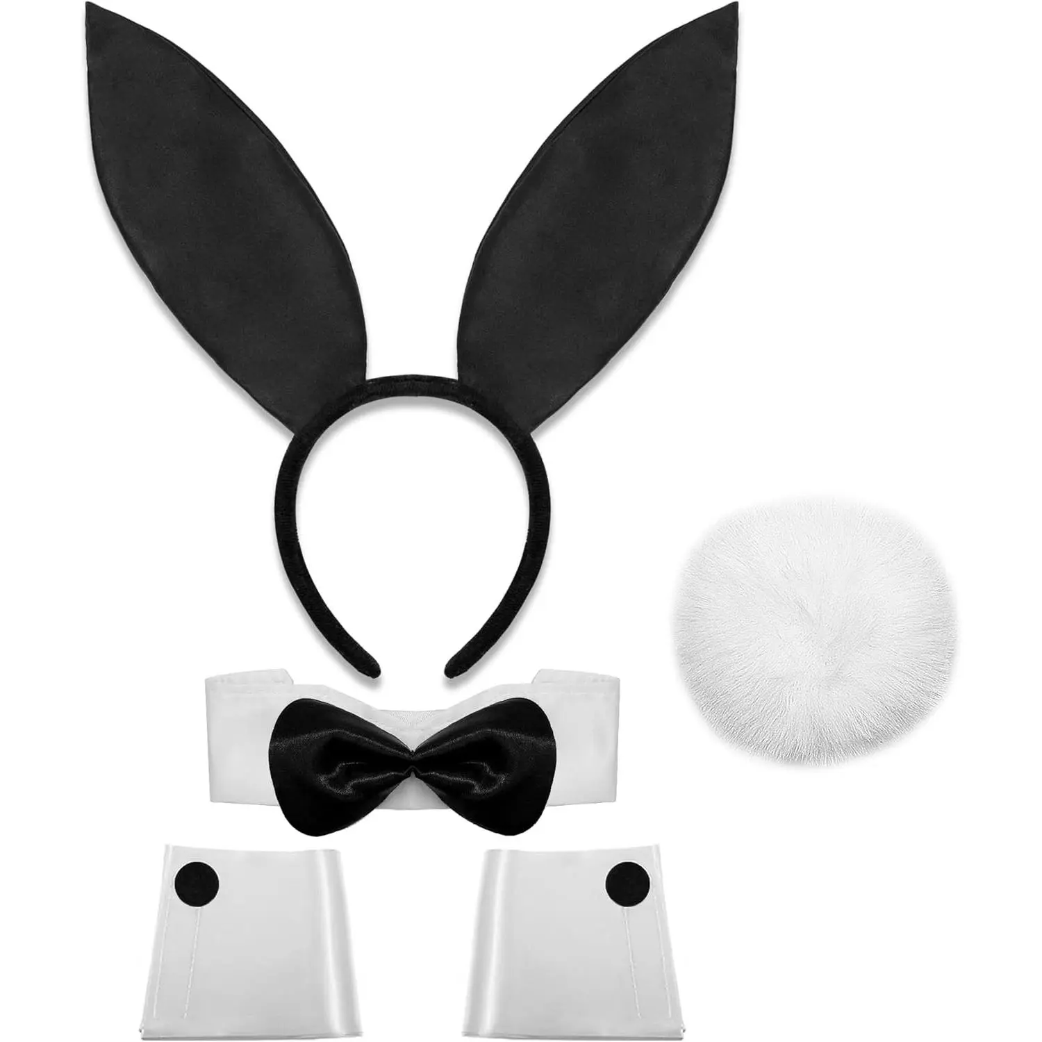 Women Bunny Costume Accessories Set, White and Black Bunny Ears Headband  Bow Tie Costume Cuffs  Tail for Adult Halloween Party