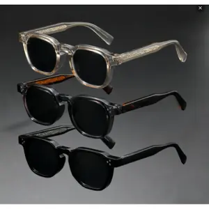 Vintage Square Frame Sunglasses Transparent Gray Acetate Tortoise Engraved Temples Black Lenses