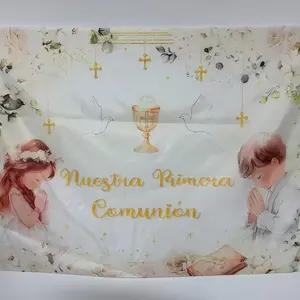 Communion Theme Background Fabric Banner, Elegant Flower & Cross Design Backdrop, Perfect for Baptismal, Communion Party Decoration, Garden Decoration, Ornaments