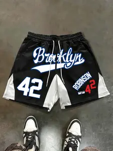 Men's Casual Shorts, Basketball, Vintage Handwriting Letter Print, Blue Colorblock, Comfortable Fabric, Drawstring Waist, Street Sport Style, Athletic Shorts