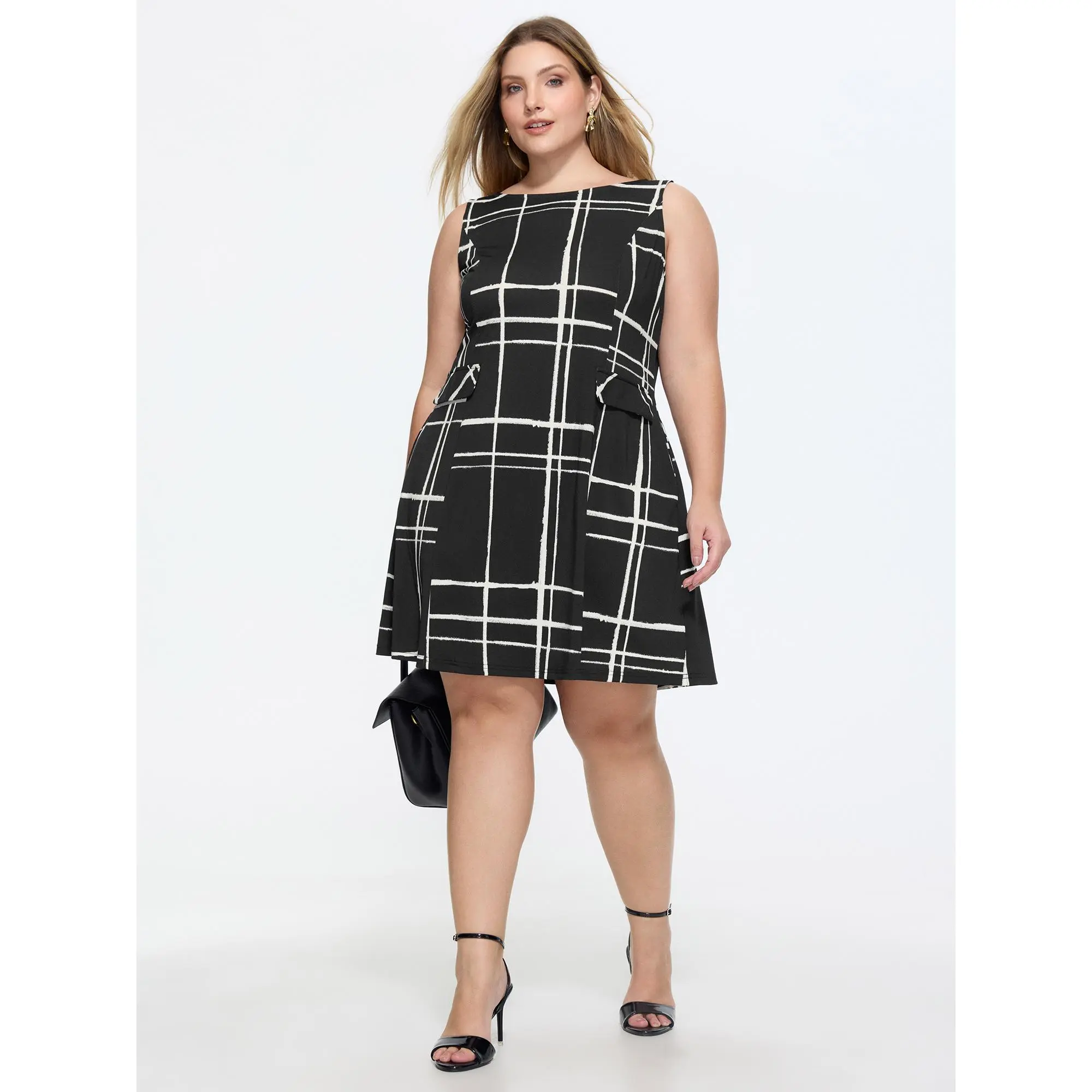 BloomChic Women's Plus Size Striped Cold Shoulder Office Casual Dress - Polyester-Elastane Fabric, Pull-On, Sleeveless, Fake Pockets, Low Iron, Fit 14-16/1X, Above-Knee Mini