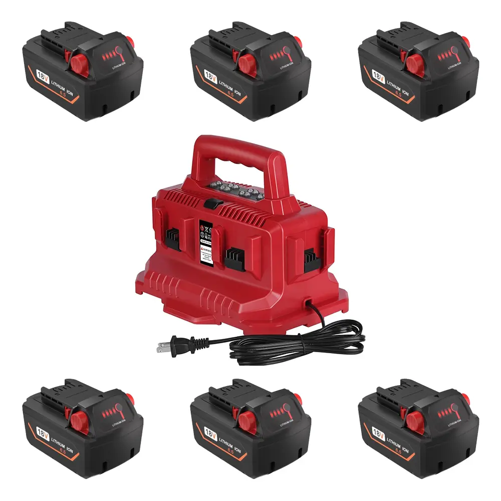 Simultaneously Charging 6-Port Lithium-Ion Charger Replacement for Milwaukee ΛΛ18 Six Pack Sequential Charger with LED Indicator Light Compatible with ΛΛ18 Battery