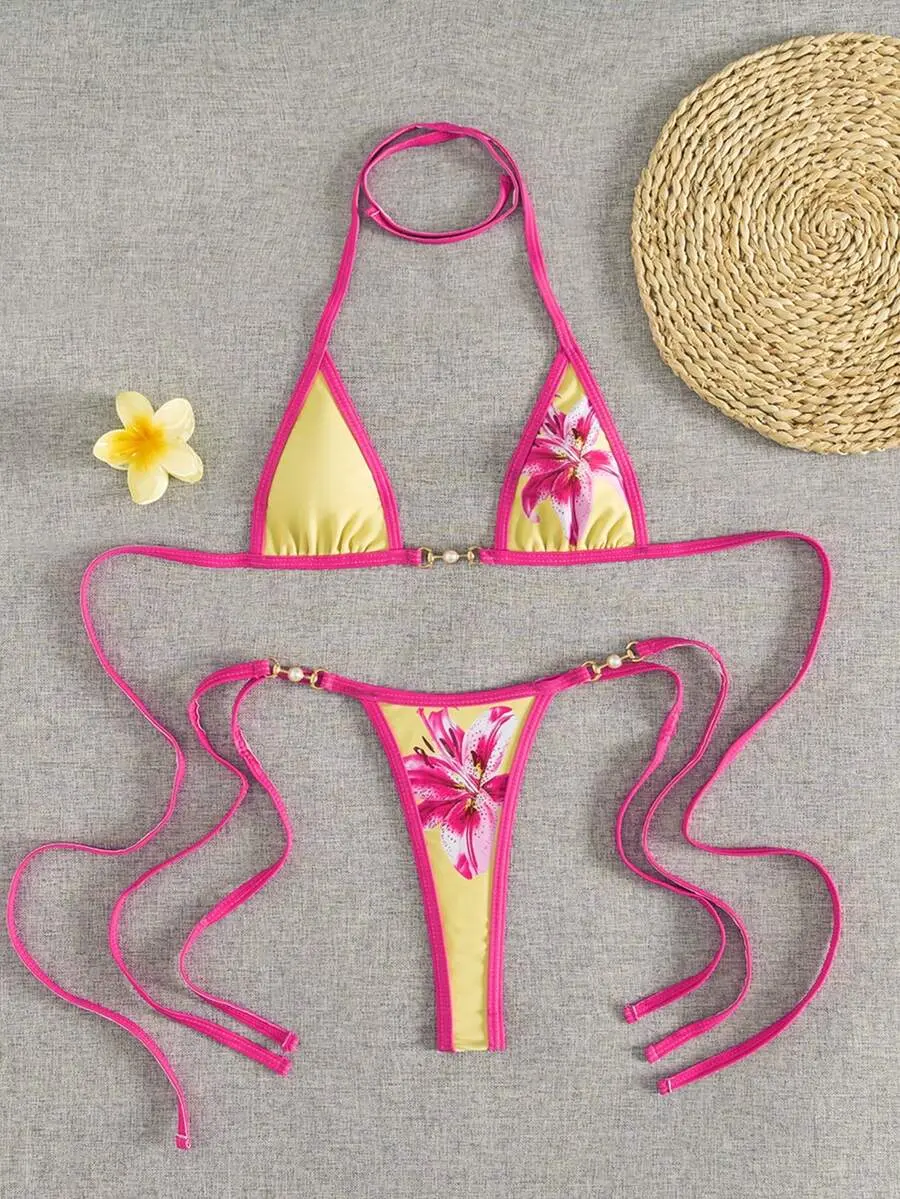SXY  Swim SXY 2pcs Women's New Floral Print Spaghetti Strap Backless Micro Triangle Top And Thong Sexy Bikini Set Set