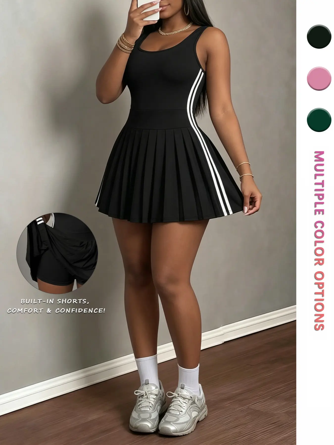Women's Sleeveless Sporty Comfy Workout Striped Dress with Side Stripe Design, Built-in Shorts, Casual Wear, Perfect for Gym & Daily Use, Comfortable Fit