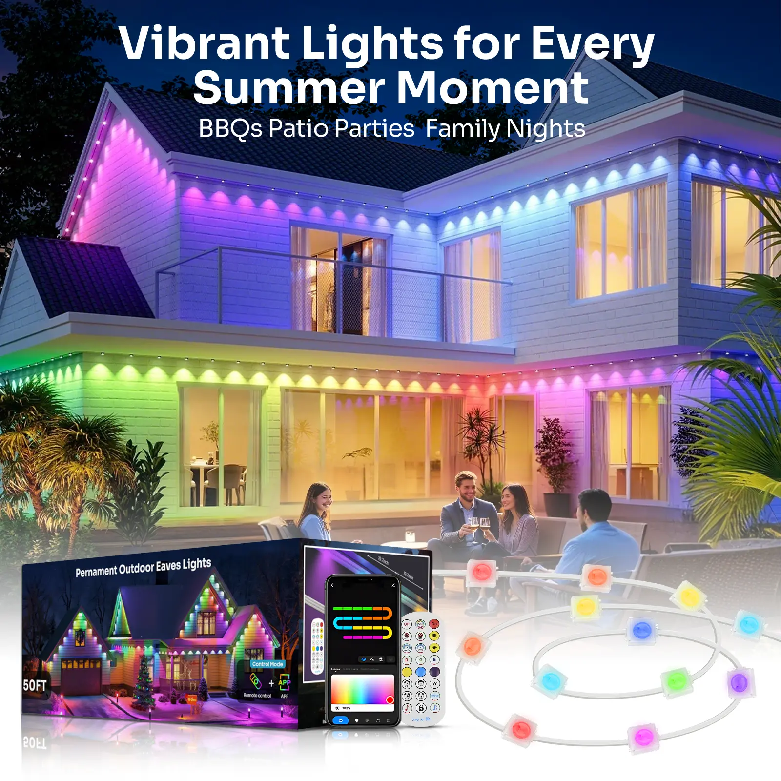 LUMENFOX Low Profile Smart WiFi LED Strip Lights - IP68 Waterproof Outdoor RGB IC Eaves Strips, App & Remote Control, Dimmable, Energy-Saving Timer, Music Sync, DIY Home Roof Decor for BBQs