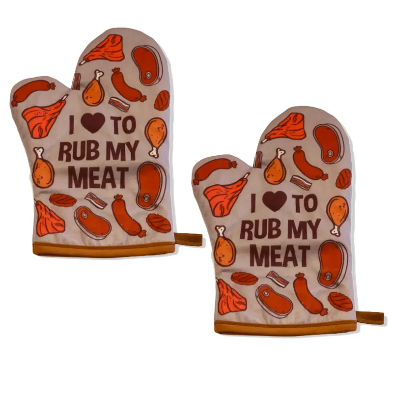 I Love to Rub My Meat Funny Baking Grilling BBQ Graphic Novelty Kitchen Glove Funny Graphic Kitchenware Bakeware Funny Food Novelty Cookware Grey