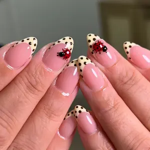 24pcs Long Almond Fake Nails, Nude Milk Polka Dot Ladybug Design, Reusable, Multiple Sizes, Includes Jelly Glue and Nail File