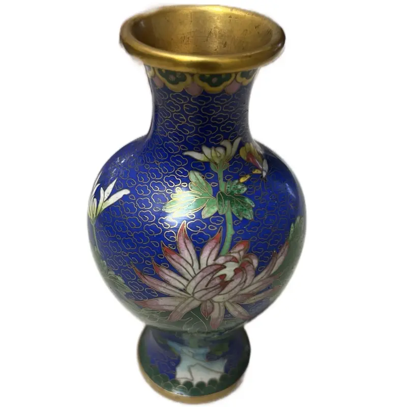 Elegant Cloisonné Vase with Intricate Lotus Design and Gold Trim for Home Decor