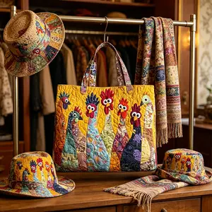 Boho Digital Printed Quilted Tote Bag Commuting Leisure Birthday Gift Fun Chicken Tote Bag,Cute Chicken Patchwork Tote,Quilted Fabric Shoulder Bag for Grocery, Travel & Gifts