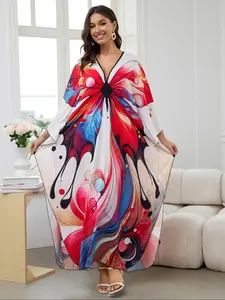 Women's Butterfly Print Cover Up Dress, Casual Comfortable Split Hem Cover Up Dress for Vacation Holiday, Ladies Swimwear for All Seasons, Beach Cover Ups, Swimsuit Cover Up