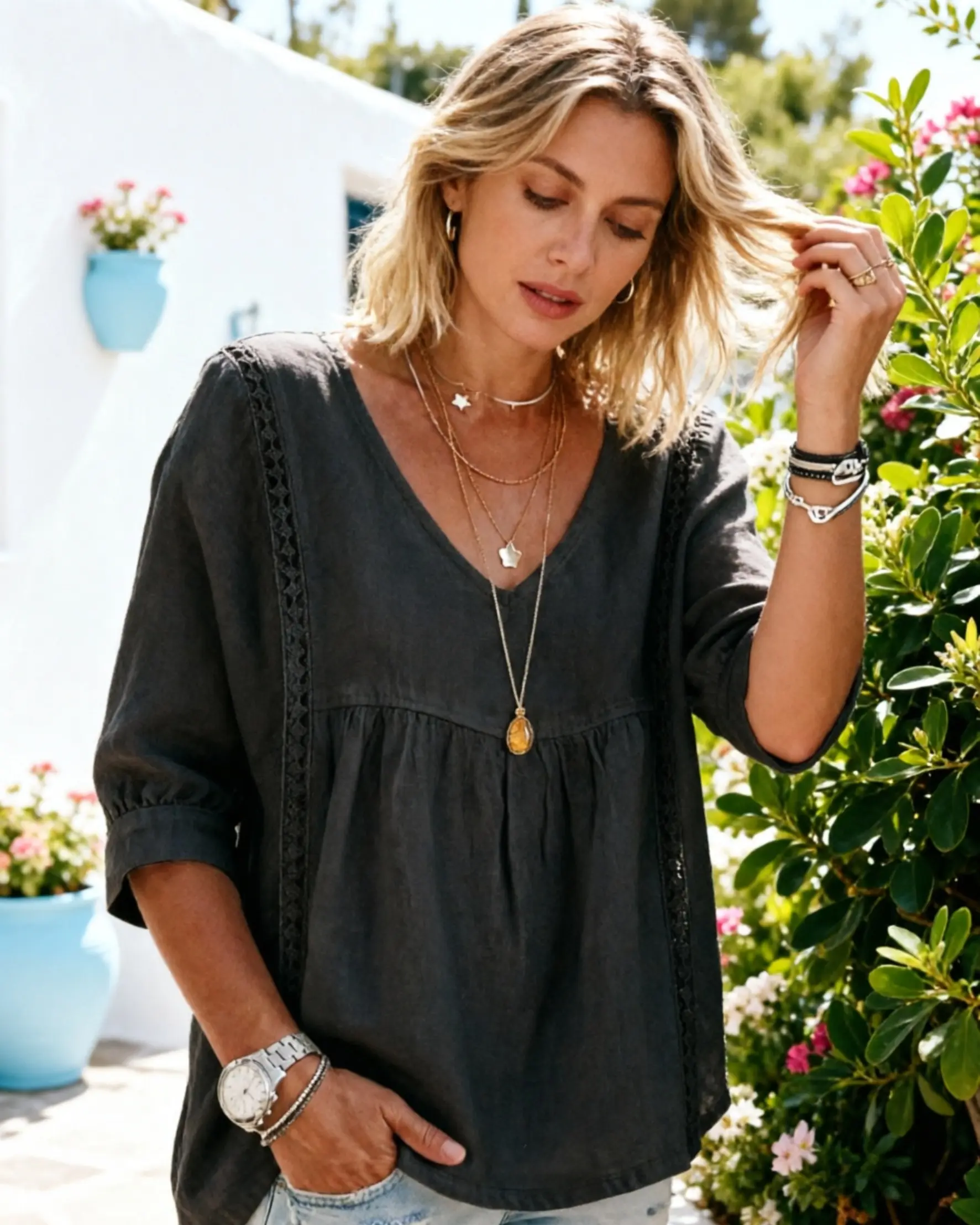 Women's Chic Loose-Fit V-Neck Lace Blouse, 3/4-Length Puff Sleeves, Side Lace Cut-Out Details, Flattering Midsection-Concealing Cut, Ideal for Bohemian Office Wear