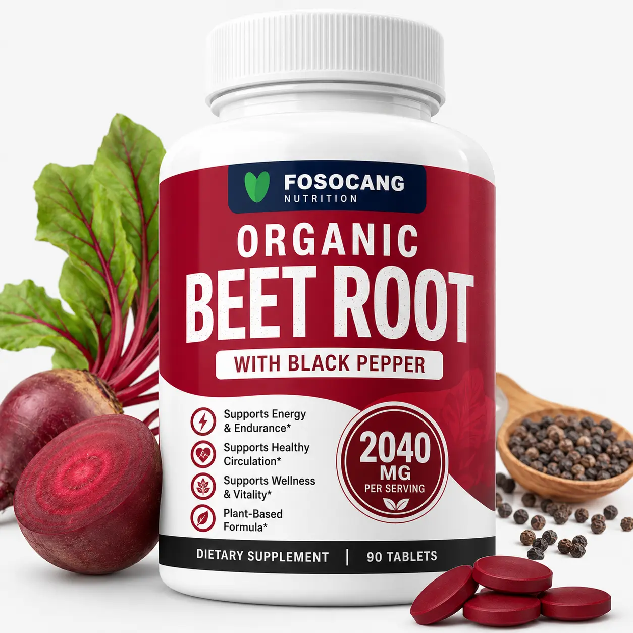 FoSoCang Organic Beet Root Tablets - 2040mg Nitric Oxide Booster Supplement with Optimum Balance Magnesium Complex for Healthcare, Dietary, Fitness Needs, Tablet
