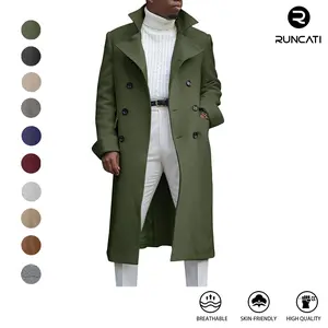 Runcati Men's Notch Lapel Double Breasted Long Trench Coat Casual Cotton Blend Peacoat Father‘s Day Gift