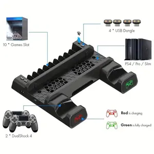 Cooling Stand for PS4 Slim Pro, Controller Charging Station with Integrated Charging and Light Indicator, Handle Charging Base with Discs Slot Game Card for PlayStation 4, Durable Material