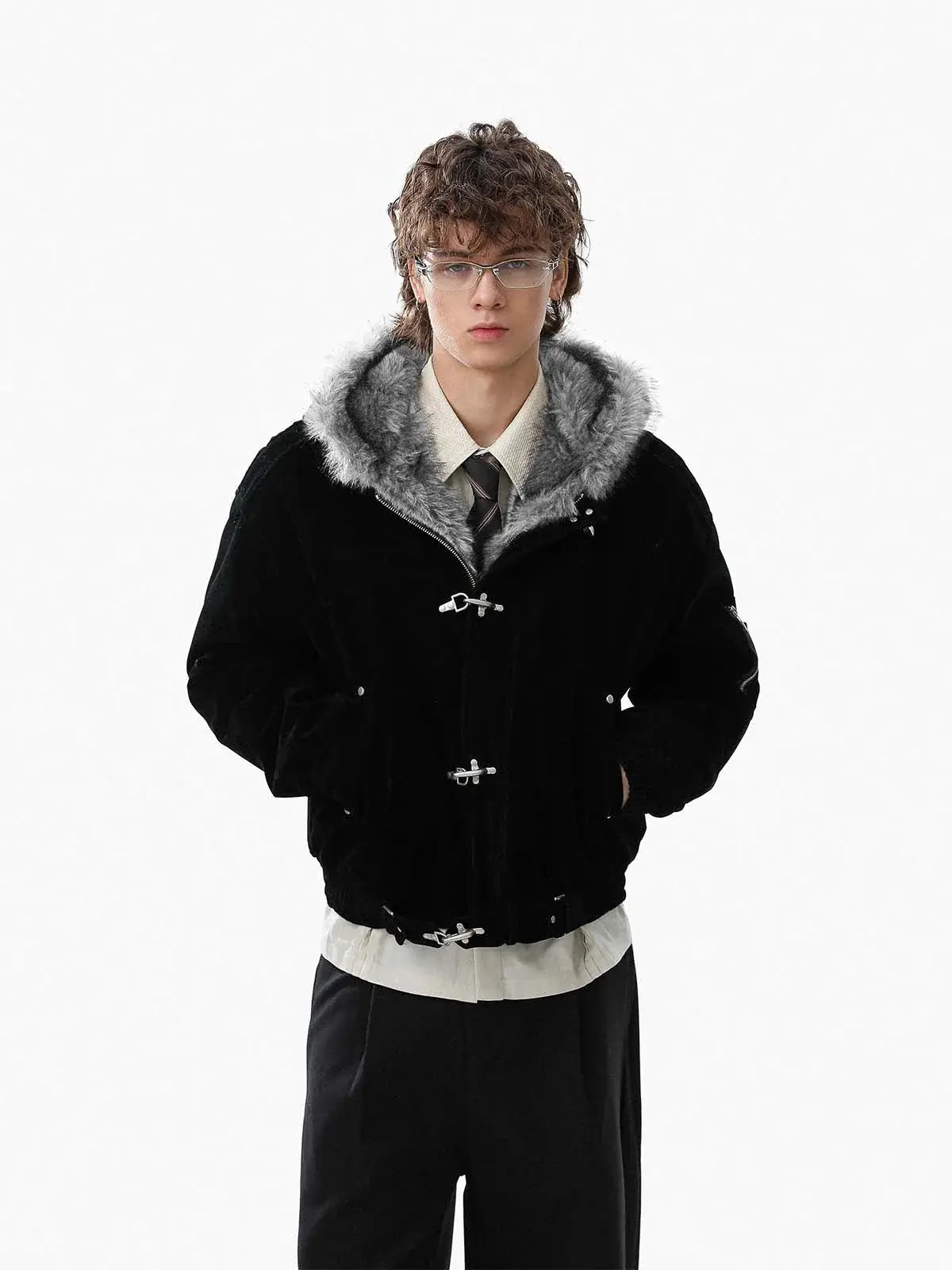Supermade Streetwear Metal Clip Faux Fur Hooded Suede Bomber Jacket SpringStatements Casual Coats Supermade Streetwear Metal Clip Faux Fur Hooded Suede Bomber Jacket SpringStatements Casual Coats