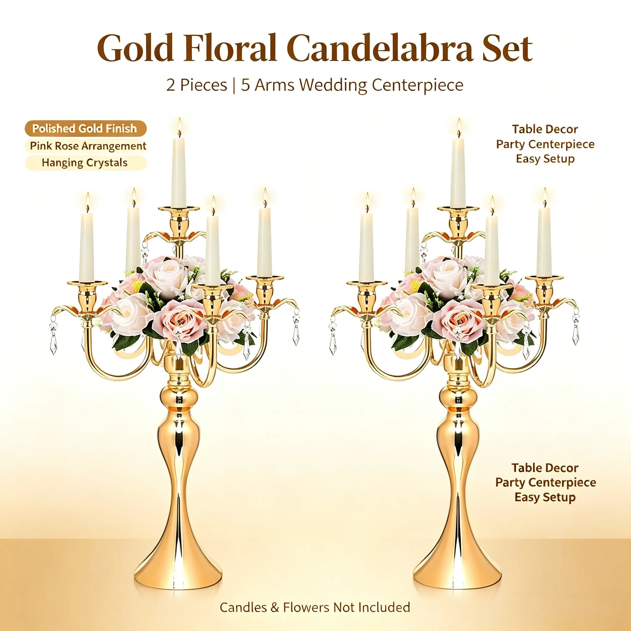 20.3in Tall Classical Retro Vintage Metal & Crystal 5-Arm Candelabra - Candle Stand, Table Centerpiece, Gold Candlestick Holders for Wedding Home Decor Supplies