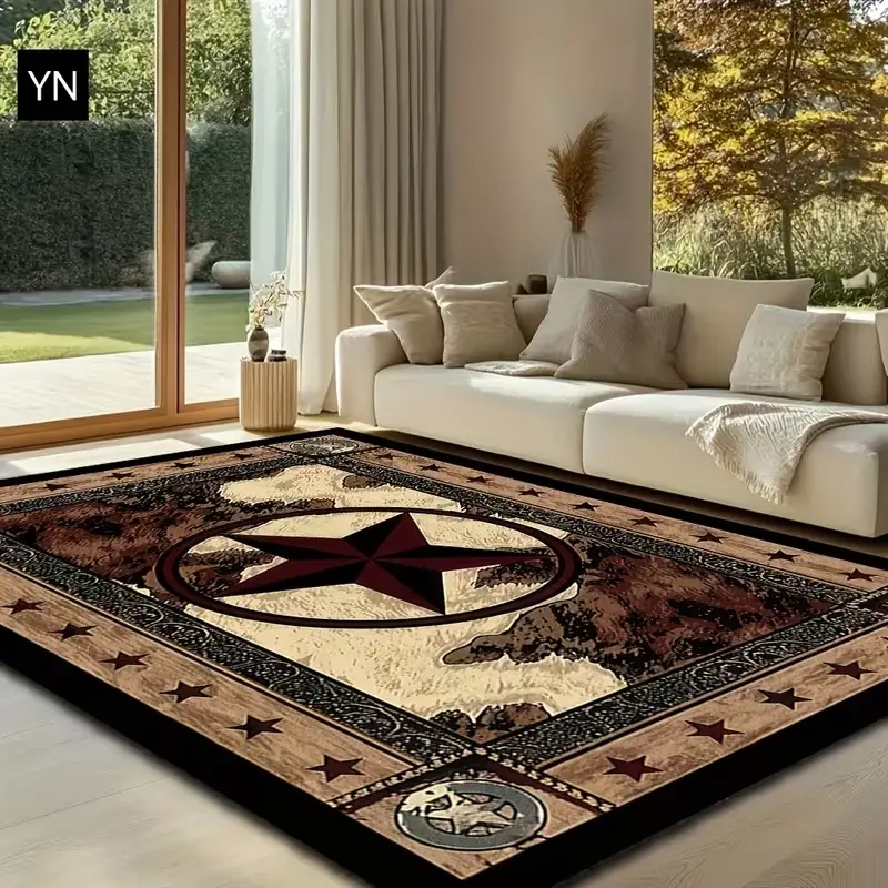 Western Star Velour Country Area Rug - Polyester Fiber, Crochet Weave, Anti-Skid Base, Washable, Durable, Anti-Dust, Bold American-Themed Patterned Rug for Living Room, Under Bed Use, Country Area Rugs, Patterned Area Rugs