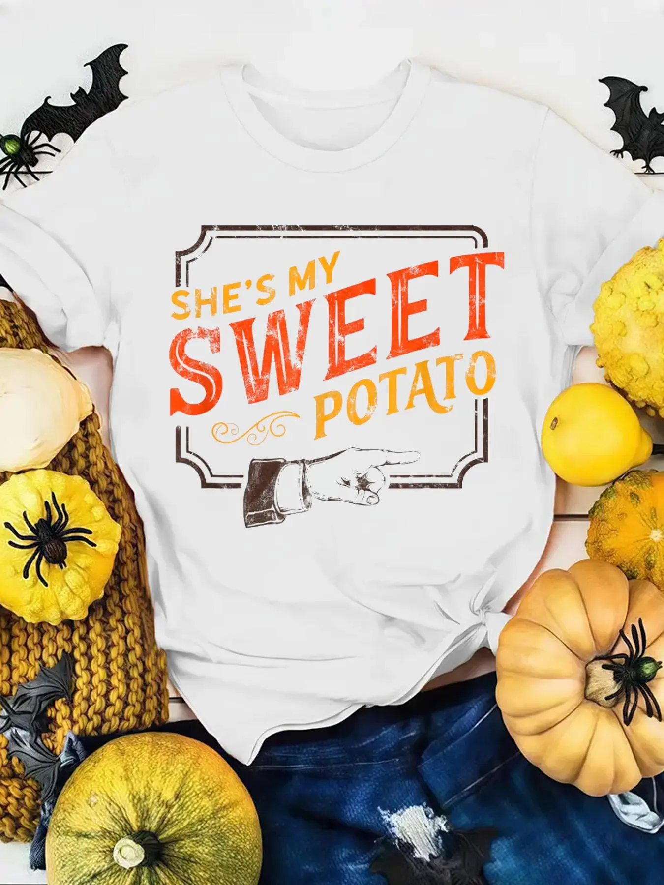100% Cotton Women T-shirt She's My Sweet Potato - You Bet I Yam Couple's Thanksgiving T-Shirt Print Round Neck Short Sleeve T-Shirt For Women Casual, Summer, Women Top Graphic Tees Women Tops