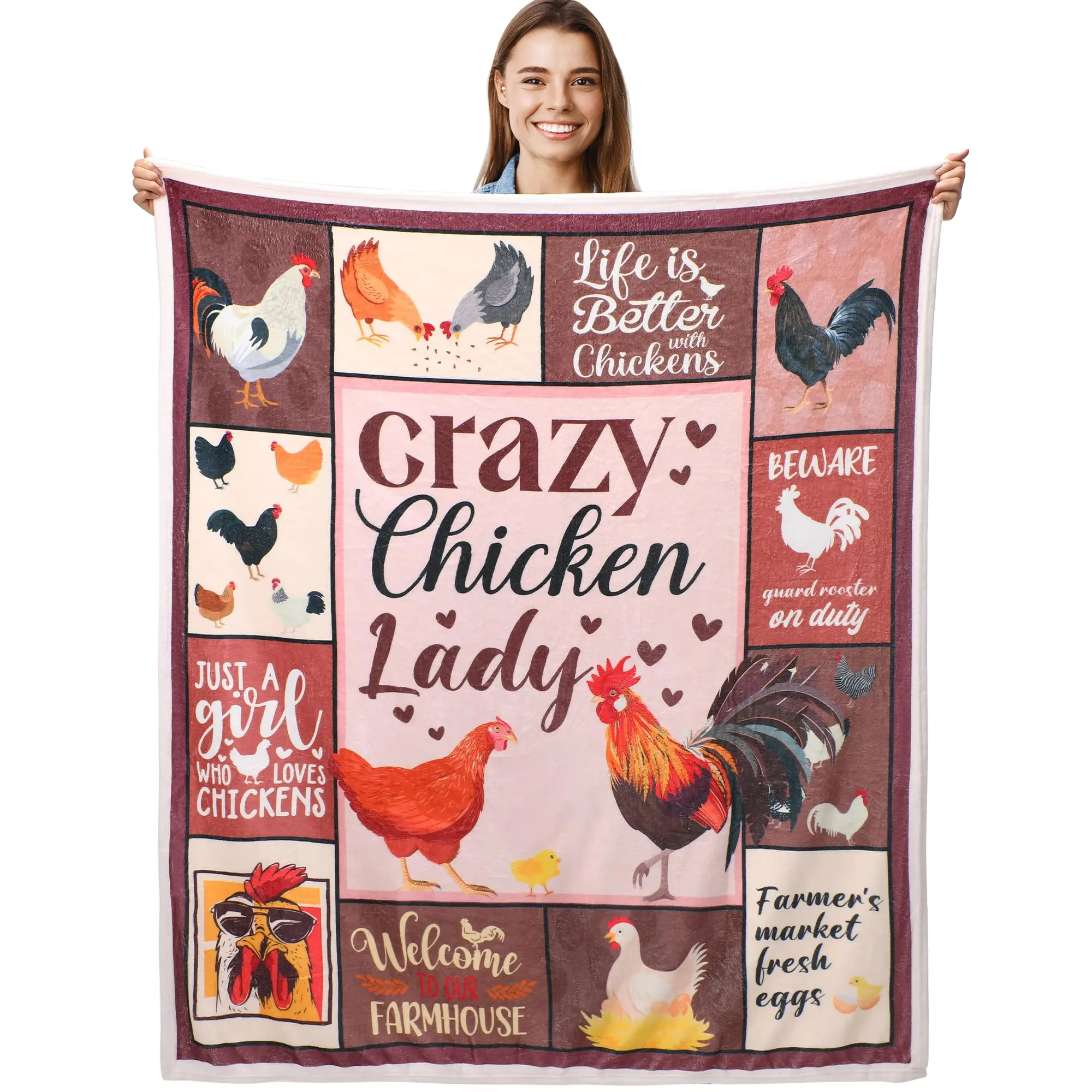 1pc Chicken Gifts for Women Throw Blanket, Crazy Chicken Lady Soft Cozy Comfy Polyester Flannel Blanket, Funny Farmhouse Decor Gift for Mom Girls Lovers, Mothers Blanket, Chicken Themed Blanket, Decorative Blanket