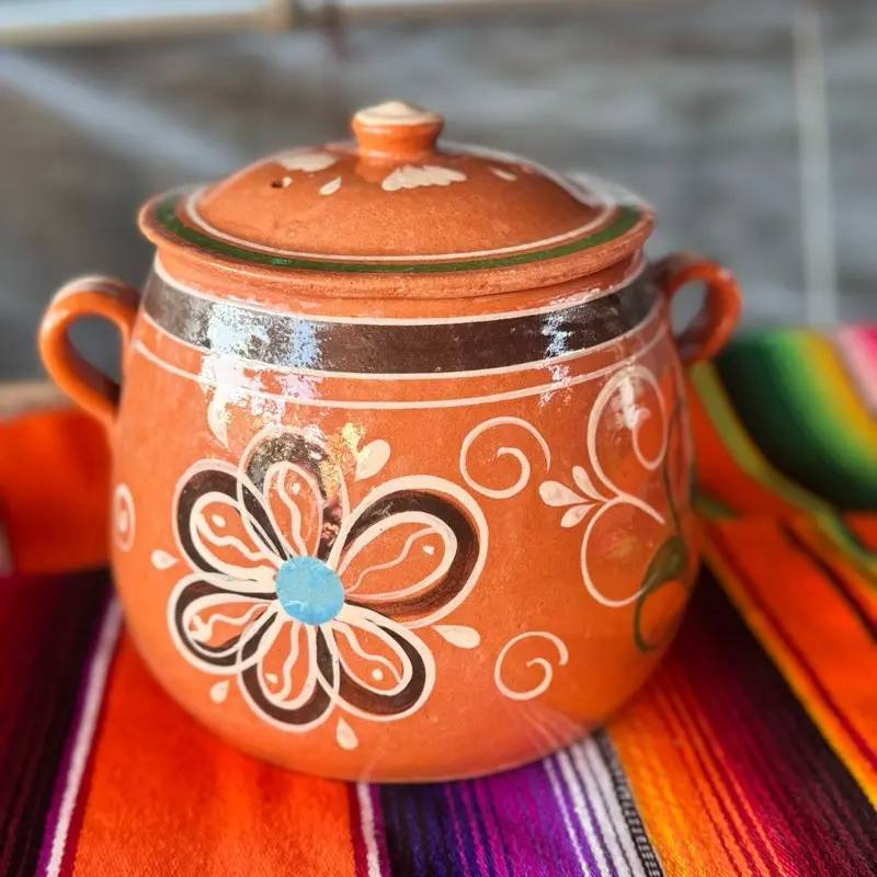 Tonalá Clay Bean Pot 5 Litros Set 1 Piece with Floral Design Orange Color and Lid Handcrafted Decorative Pottery Cookware