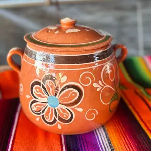 Tonalá Clay Bean Pot 5 Litros Set 1 Piece with Floral Design Orange Color and Lid Handcrafted Decorative Pottery Cookware