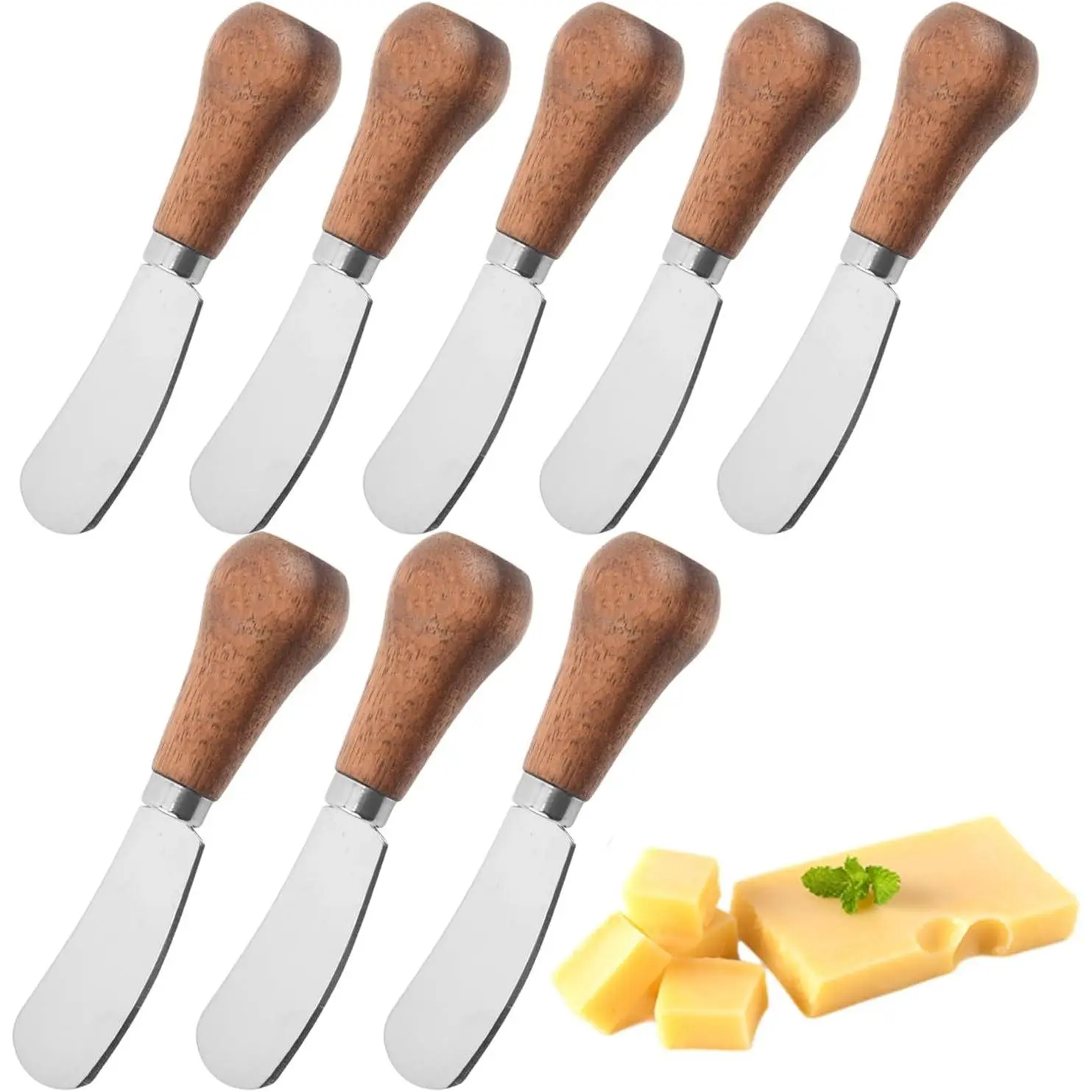 8Pcs Cheese Spreader Knives, Mini Butter Knife Spreader with Wooden Handle, Stainless Steel Cheese Knife Set for Charcuterie Board, Sandwich, Appetizers, Cocktail Spreading Knife (HYD-1)