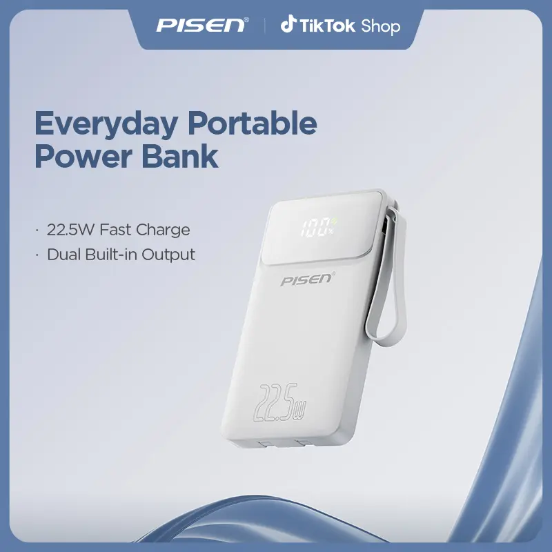 Pisen Power Bank 10000mAh 20000mAh 22.5W Portable Charger with LED Display & Built-in Cable for iPhone Samsung Compact Travel Battery Pack