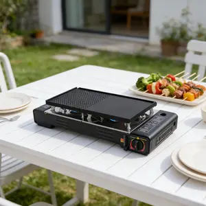 CNCEST Portable Dual-Burner Camping Stove with 2100-2500W Power, Non-Stick Grill Pan, and Carrying Case Gas or Butane Powered for Outdoor Grilling