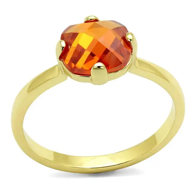 Women's Alamode LO4079-9 Female Ring, Flash Gold Brass Base Ring with AAA Grade CZ Single Stone, Orange, Size 9