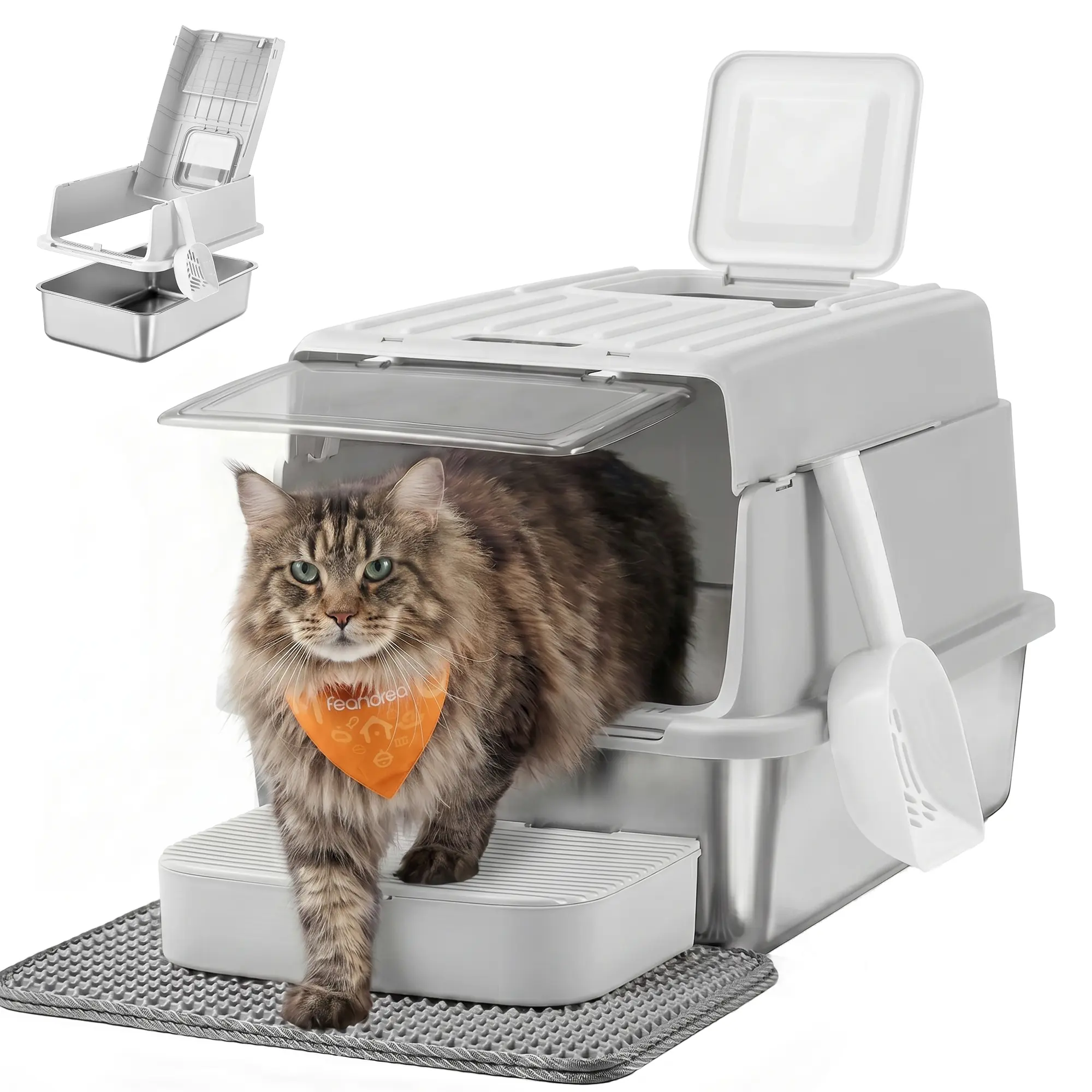Feandrea Stainless Steel Litter Box, Flip Lid, 2 Doors, Litter Catcher Mat, Scoop, for Cats Up to 33 lb, Odor Control