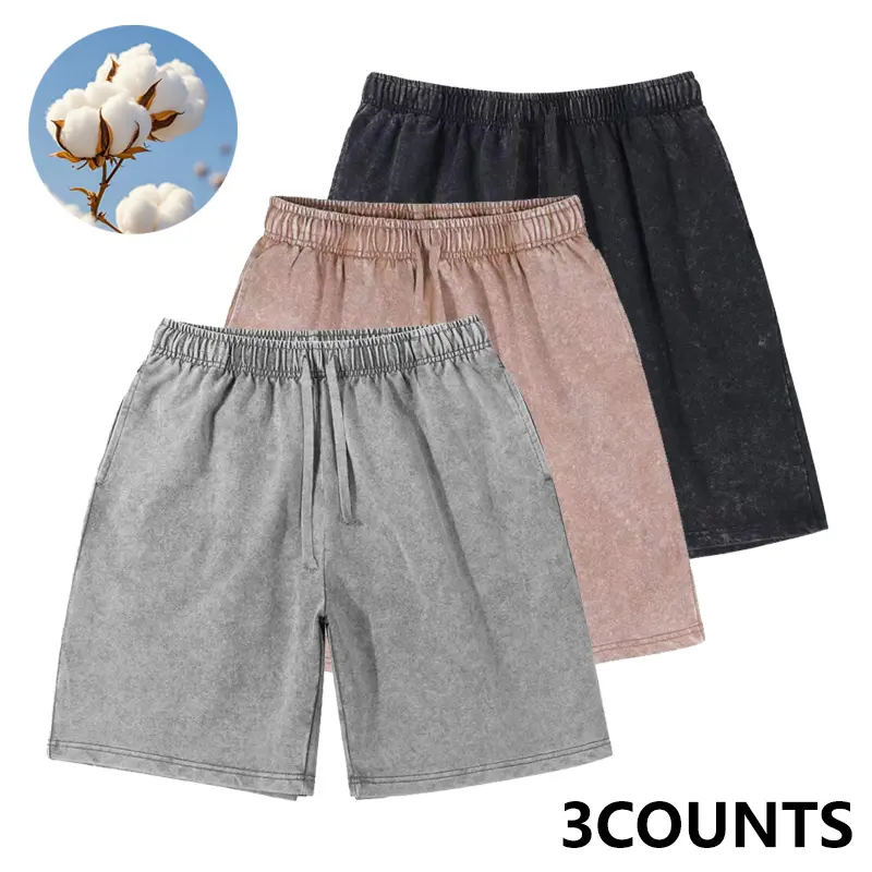 Pack of 3 or 1 washed solid-color shorts for summer, unisex street-style shorts made from fashionable washed cotton with a distressed vintage feel. Features a drawstring waistband for a casual, comfortable fit; a basic, versatile cut that’s suitable for e